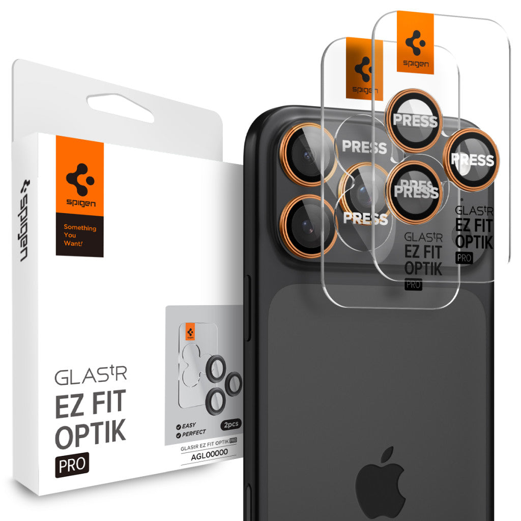 Spigen Glas.tR EZ Fit Optik Pro Apple iPhone 17 Pro / 17 Pro Max / 16 Pro / 16 Pro Max / 15 Pro / 15 Pro Max / 14 Pro / 14 Pro Max, Tempered kameralencse-védő fólia felhelyező kerettel, narancs (2db) - a Domshop kínálatából