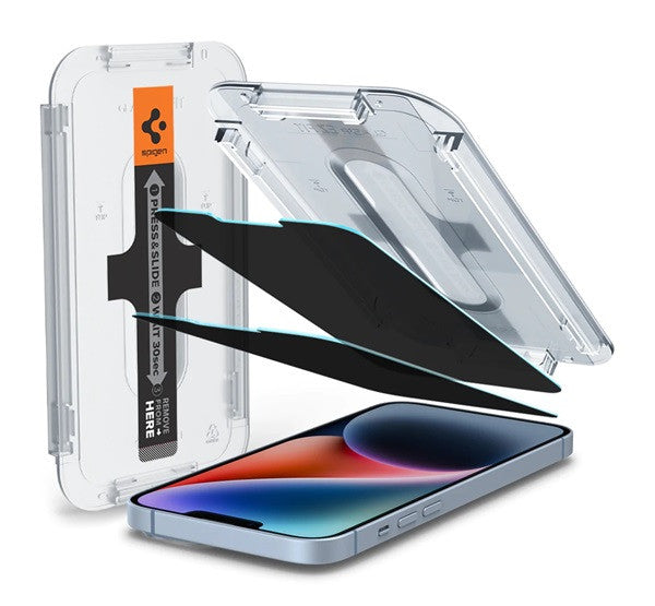 Spigen Glas.tR SLIM EZ Fit Apple iPhone 16e / 13 / 14 / 13 Pro Privacy tempered kijelzővédő fólia felhelyező kerettel (2db) - iPhone 13/13Pro/14/16e fólia a Domshop kínálatából