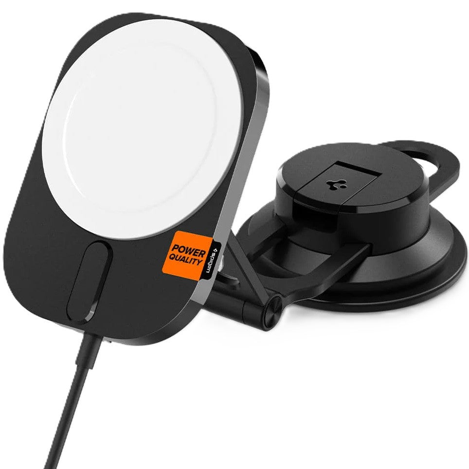 Spigen OneTap Pro 3 ITM35W, mágneses Magsafe autós tartó szélvédőre, műszerfalra, képernyőre, vezeték nélküli wireless gyorstöltővel, fekete - a Domshop kínálatából