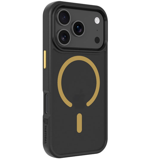 Apple iPhone 17 Pro, Műanyag hátlap védőtok + szilikon keret, közepesen ütésálló, Magsafe kompatibilis, Tactical MagForce Hyperstealth 2.0, áttetsző/fekete/sárga