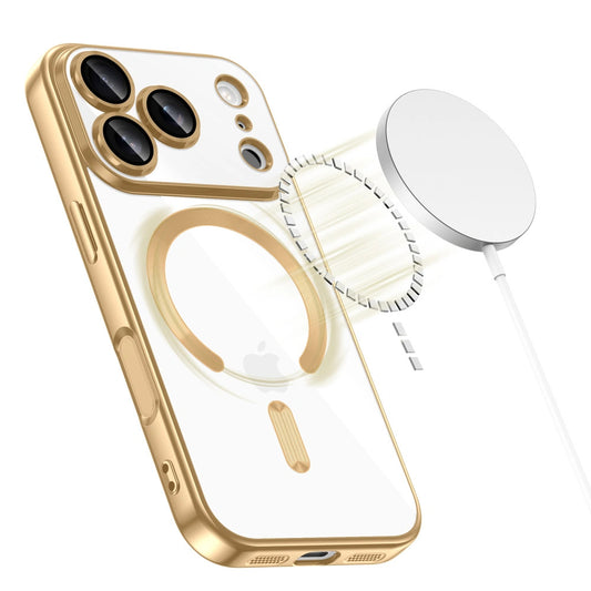 Apple iPhone 17 Pro, Műanyag hátlap védőtok + szilikon keret, közepesen ütésálló, Magsafe töltővel kompatibilis, fényes keret, Magflex Magsafe, átlátszó/arany - iPhone 17 Pro tok a Domshop kínálatából