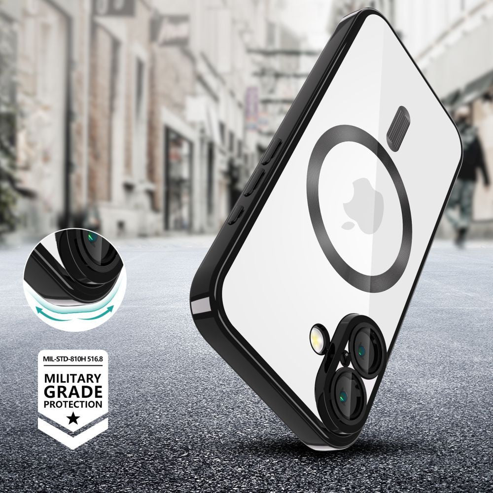 Apple iPhone 16e, Műanyag hátlap védőtok + szilikon keret, közepesen ütésálló, Magsafe töltővel kompatibilis, fényes keret, Magflex Magsafe, átlátszó/fekete