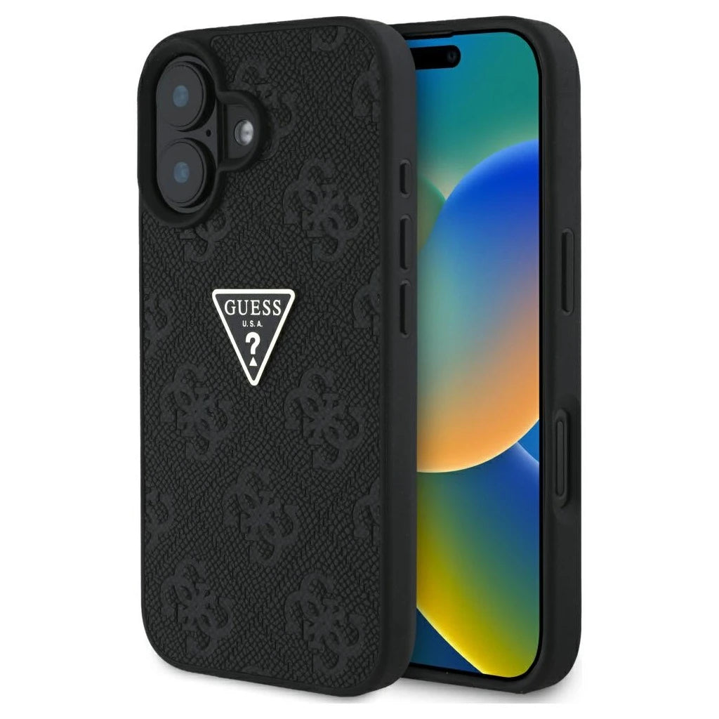 Tok Guess Hot Stamp 4G Pattern Triangle Metal Logo iPhone 16 készülékhez fekete - iPhone 16 tok a Domshop kínálatából