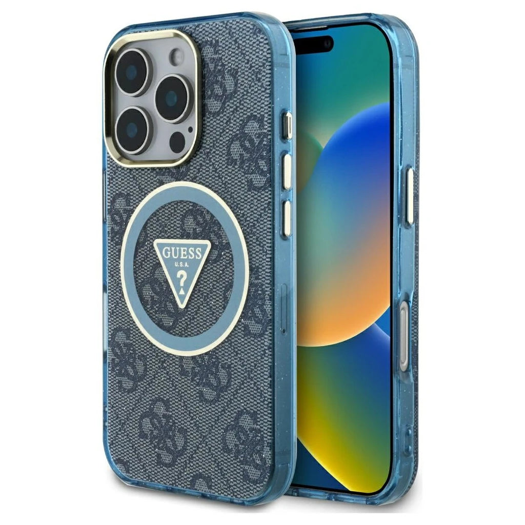 Tok Guess IML Metal Glitter 4G Circle Triangle MagSafe iPhone 16 Pro készülékhez kék - iPhone 16 Pro tok a Domshop kínálatából