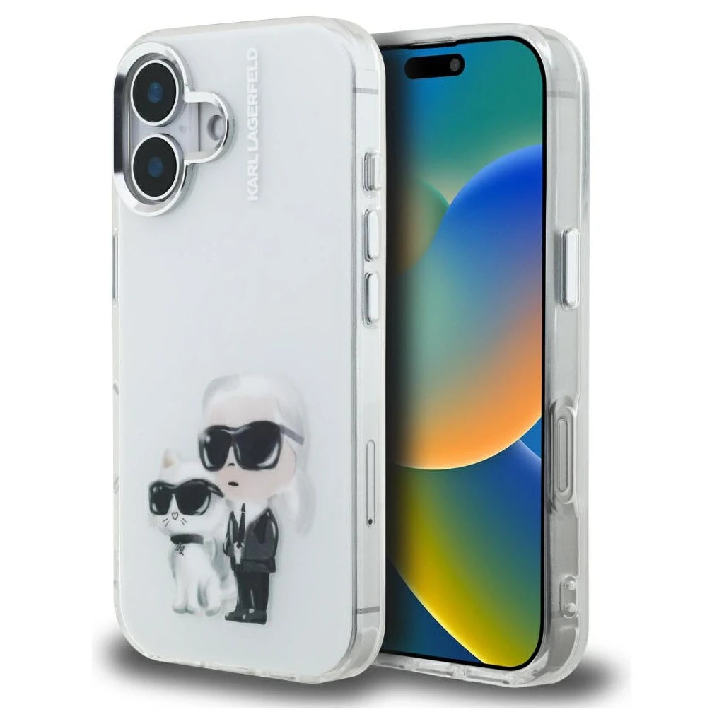 Tok Karl Lagerfeld IML Aquarelle Karl & Choupette & Logo iPhone 16 készülékhez fehér - iPhone 16 tok a Domshop kínálatából