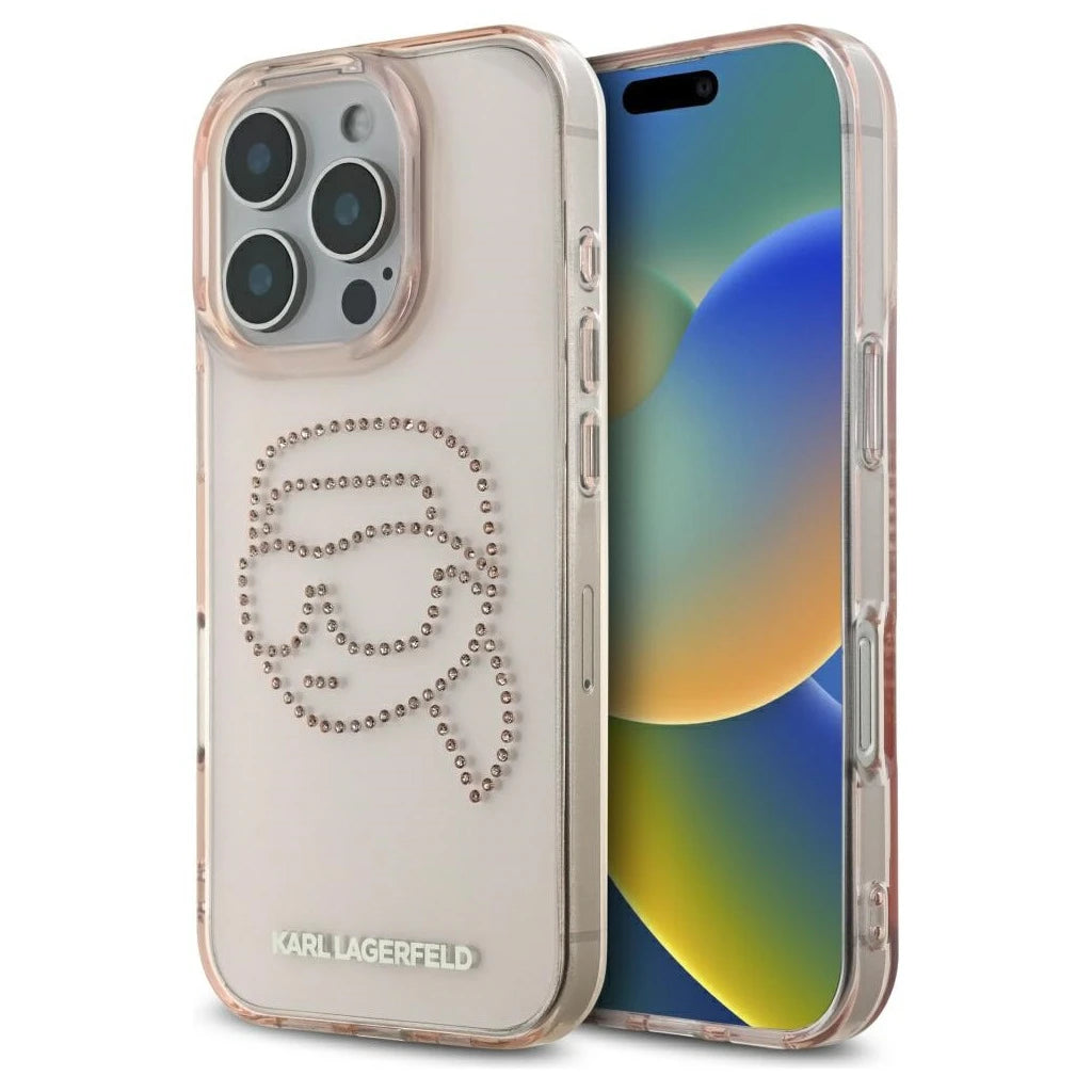Tok Karl Lagerfeld IML Rhinestones Karl Head iPhone 16 Pro készülékhez rózsaszín - iPhone 16 Pro tok a Domshop kínálatából