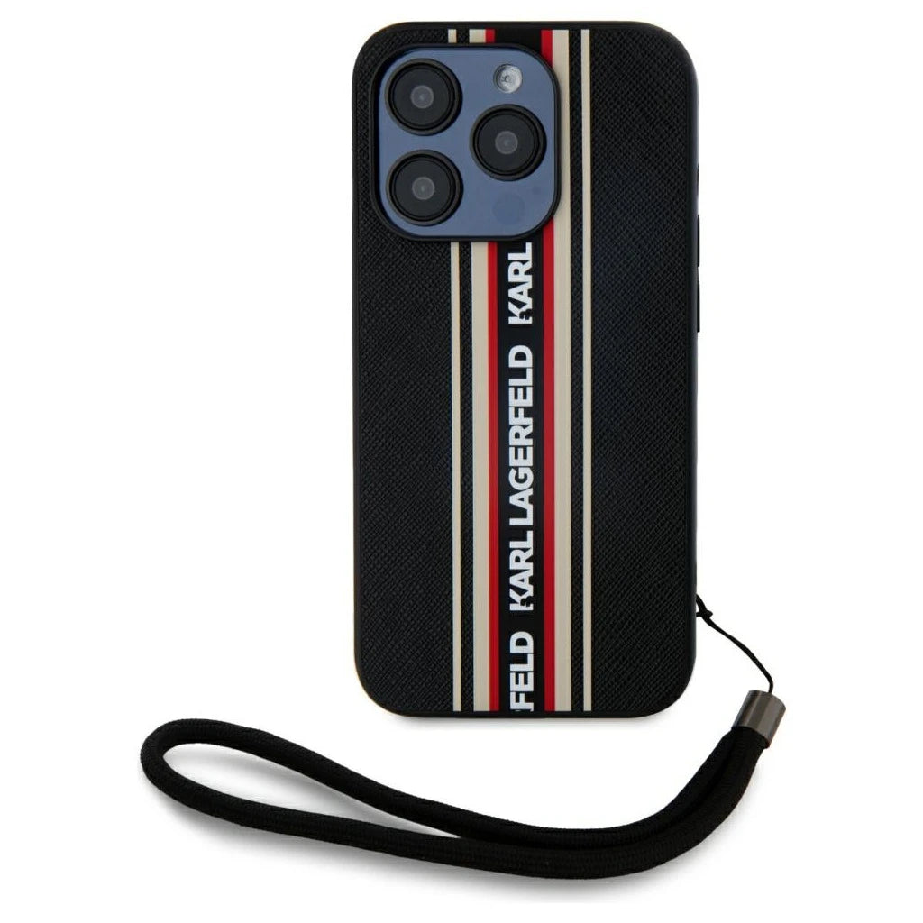 Tok Karl Lagerfeld Saffiano Athleisure Stripes Cord iPhone 15 Pro készülékhez piros - iPhone 15 Pro tok a Domshop kínálatából
