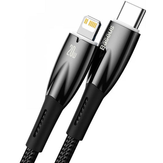 USB Type-C töltő- és adatkábel, Lightning, 100 cm, 2400mA, 20W, törésgátlóval, gyorstöltés, PD, Baseus Glimmer, CADH000001, fekete - Lightning kábel a Domshop kínálatából