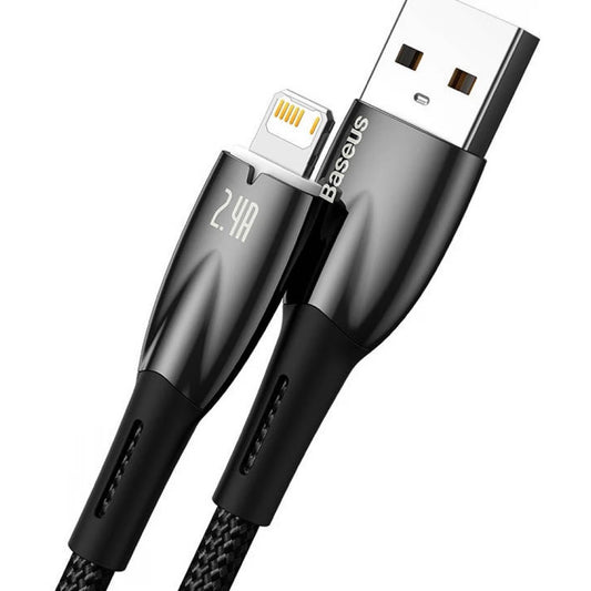USB töltő- és adatkábel, Lightning, 100 cm, 2400 mA, törésgátlóval, gyorstöltés, Baseus Glimmer, CADH000201, fekete - Lightning kábel a Domshop kínálatából