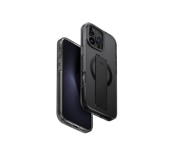 Uniq Heldro Max iPhone 16 Pro Max MagSafe tok kitámasztóval, fekete/szürke - iPhone 16 Pro Max tok a Domshop kínálatából