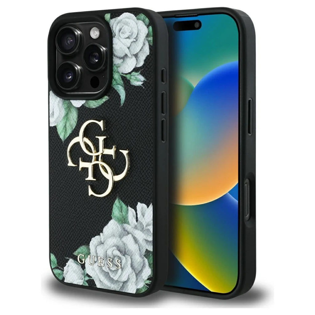 tok Guess Grained Roses Big 4G logo iPhone 16 Pro Max készülékhez fekete - iPhone 16 Pro Max tok a Domshop kínálatából