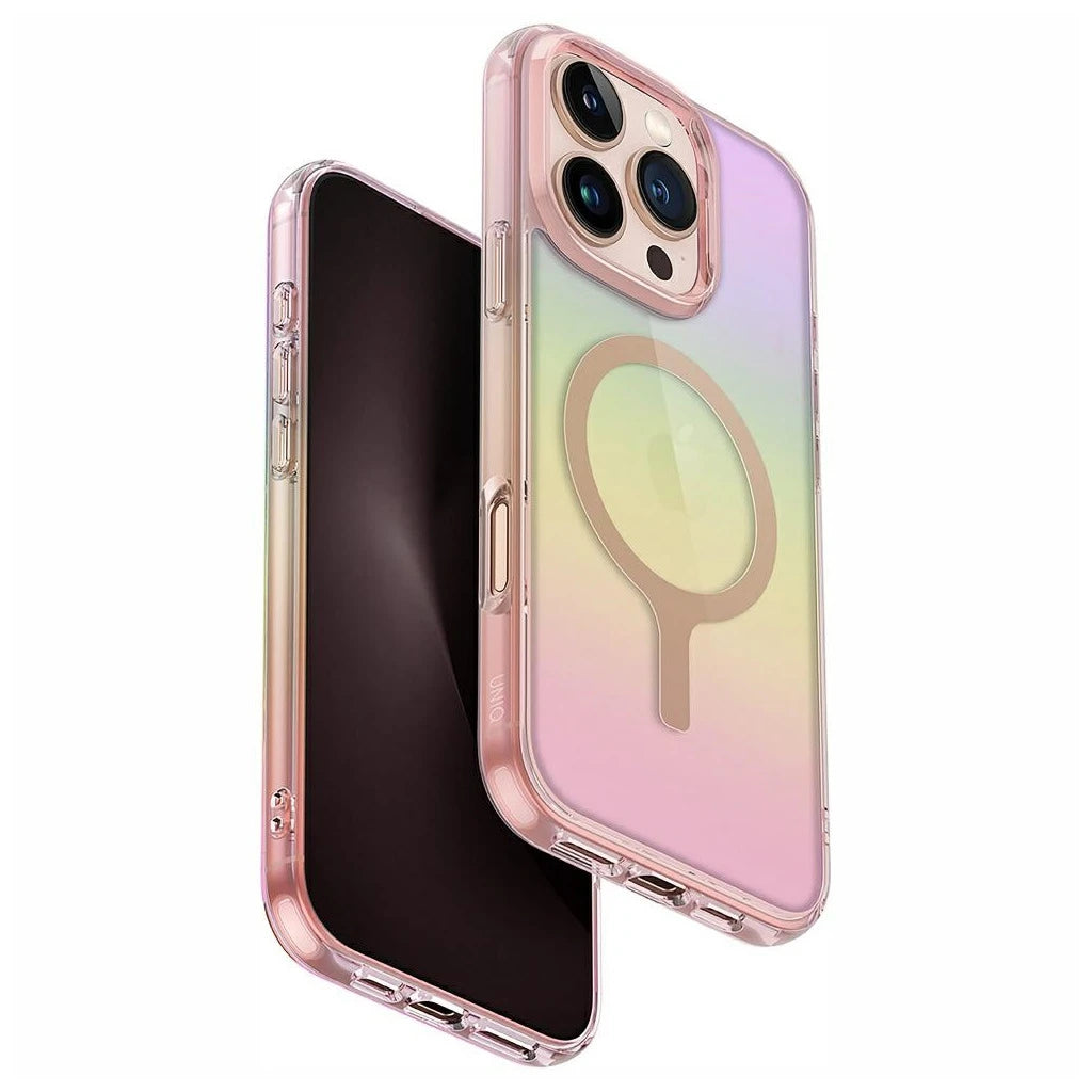 tok UNIQ Iridescia iPhone 16 Pro készülékhez Magclick Charging prism rózsaszín - iPhone 16 Pro tok a Domshop kínálatából