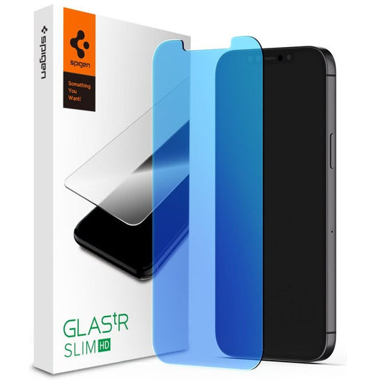 Apple iPhone 12 Mini, Kijelzővédő fólia, ütésálló fólia (az íves részre is!), Tempered Glass (edzett üveg), Spigen Glastr Slim HD Anti Blue, Clear -  iPhone 12 Mini fólia a Domshop kínálatából