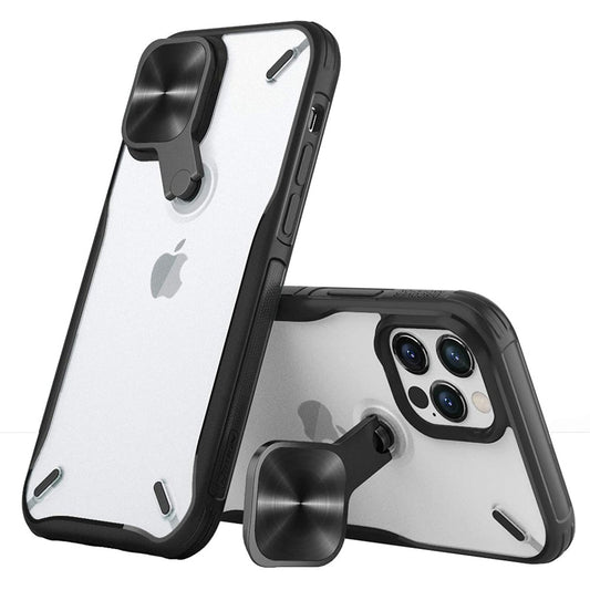Apple iPhone 12 Pro Max, Műanyag hátlap + szilikon keret, közepesen ütésálló, kitámasztóval, kamera védelem, Nillkin Cyclops, áttetsző/fekete -  iPhone 12 Pro Max tok a Domshop kínálatából