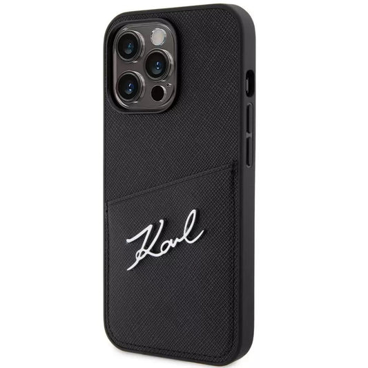 Apple iPhone 13 Pro, Műanyag hátlap védőtok + szilikon keret, bőrhatású hátlap, kártyatartóval, Karl Lagerfeld Saffiano Metal Signature Cardslot, fekete -  iPhone 13 Pro tok a Domshop kínálatából