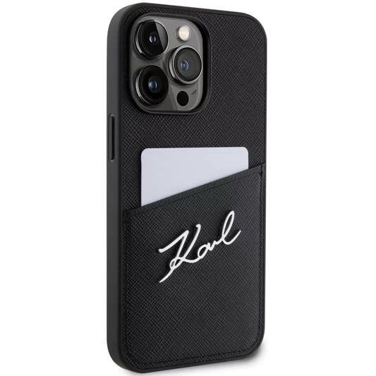 Apple iPhone 13 Pro, Műanyag hátlap védőtok + szilikon keret, bőrhatású hátlap, kártyatartóval, Karl Lagerfeld Saffiano Metal Signature Cardslot, fekete -  iPhone 13 Pro tok a Domshop kínálatából