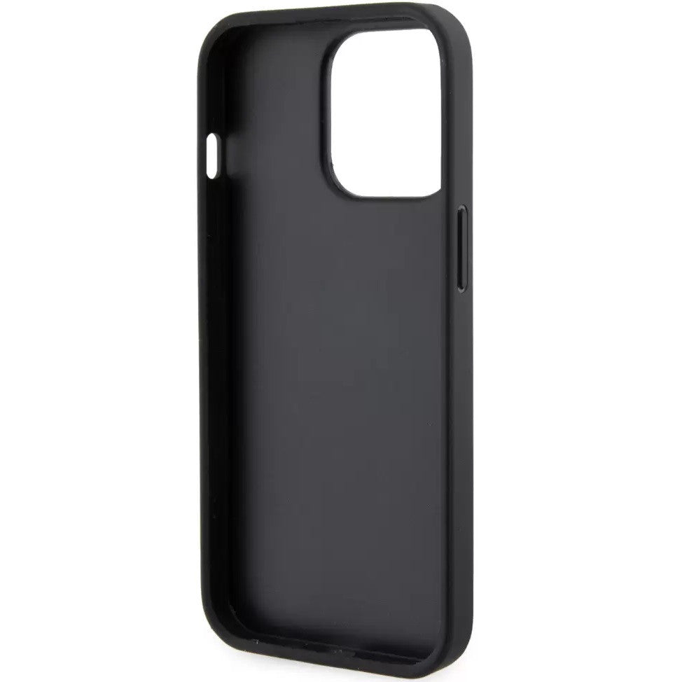 Apple iPhone 13 Pro, Műanyag hátlap védőtok + szilikon keret, bőrhatású hátlap, kártyatartóval, Karl Lagerfeld Saffiano Metal Signature Cardslot, fekete -  iPhone 13 Pro tok a Domshop kínálatából