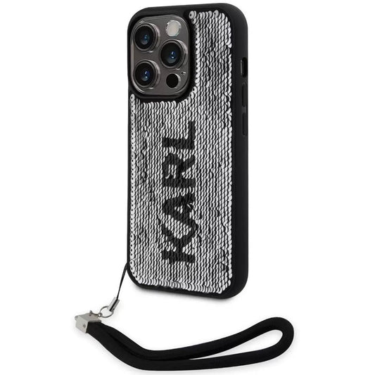 Apple iPhone 13 Pro, Műanyag hátlap védőtok + szilikon keret, színváltós hátlap, kézpánttal, Karl minta, Karl Lagerfeld Sequins Reversible, ezüst/fekete -  iPhone 13 Pro tok a Domshop kínálatából