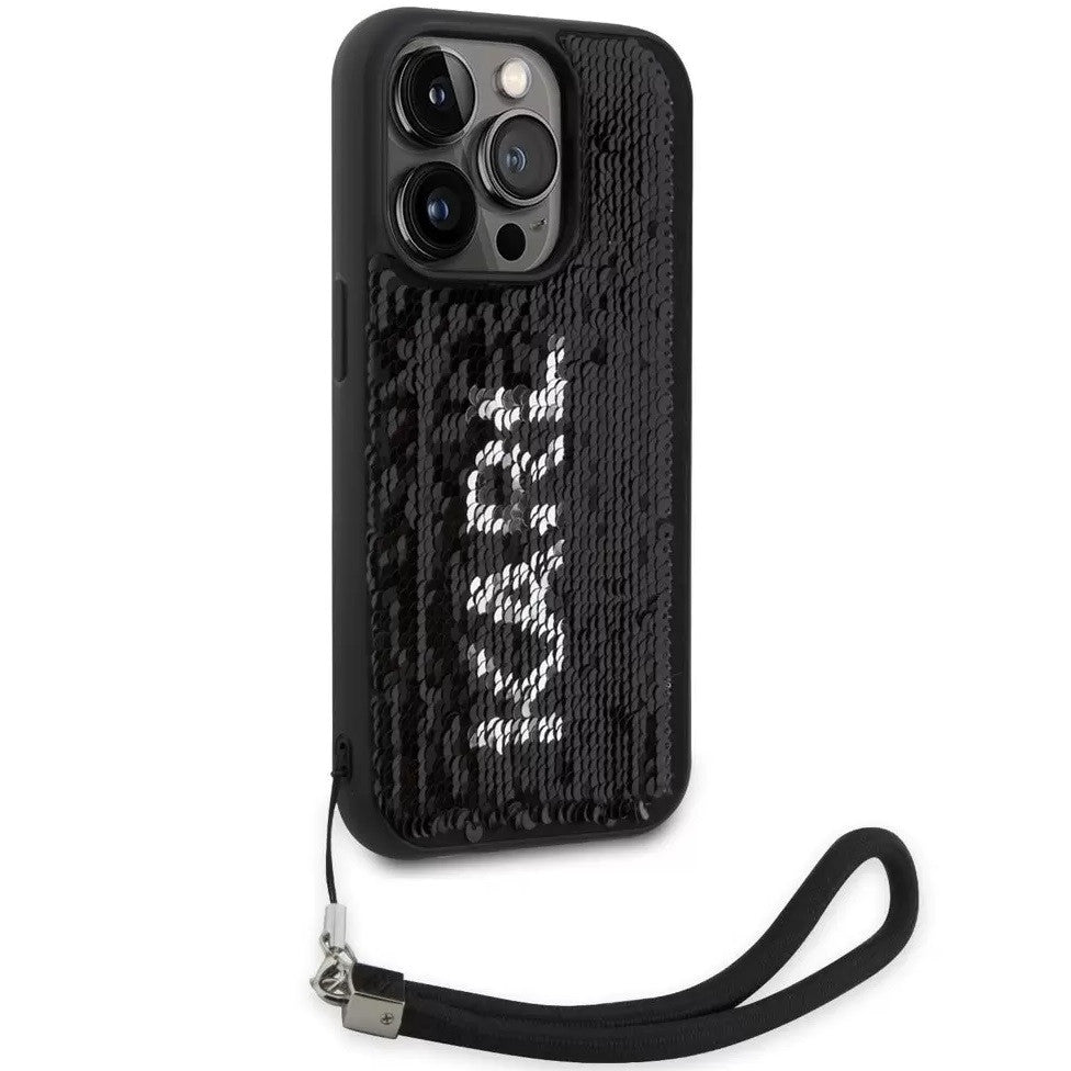 Apple iPhone 13 Pro, Műanyag hátlap védőtok + szilikon keret, színváltós hátlap, kézpánttal, Karl minta, Karl Lagerfeld Sequins Reversible, ezüst/fekete -  iPhone 13 Pro tok a Domshop kínálatából