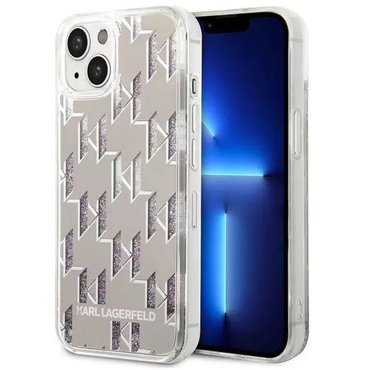 Apple iPhone 14 Plus, Műanyag hátlap védőtok, Monogram minta, Karl Lagerfeld Monogram Liquid Glitter, ezüst -  iPhone 14 Plus tok a Domshop kínálatából