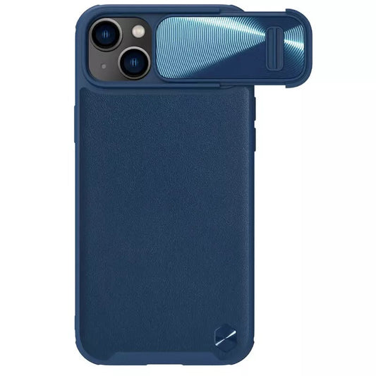 Apple iPhone 14 Plus, Műanyag hátlap védőtok, szilikon keret, kamera védelem, közepesen ütésálló, bőrhatású hátlap, Nillkin CamShield Leather "S", kék -  iPhone 14 Plus tok a Domshop kínálatából