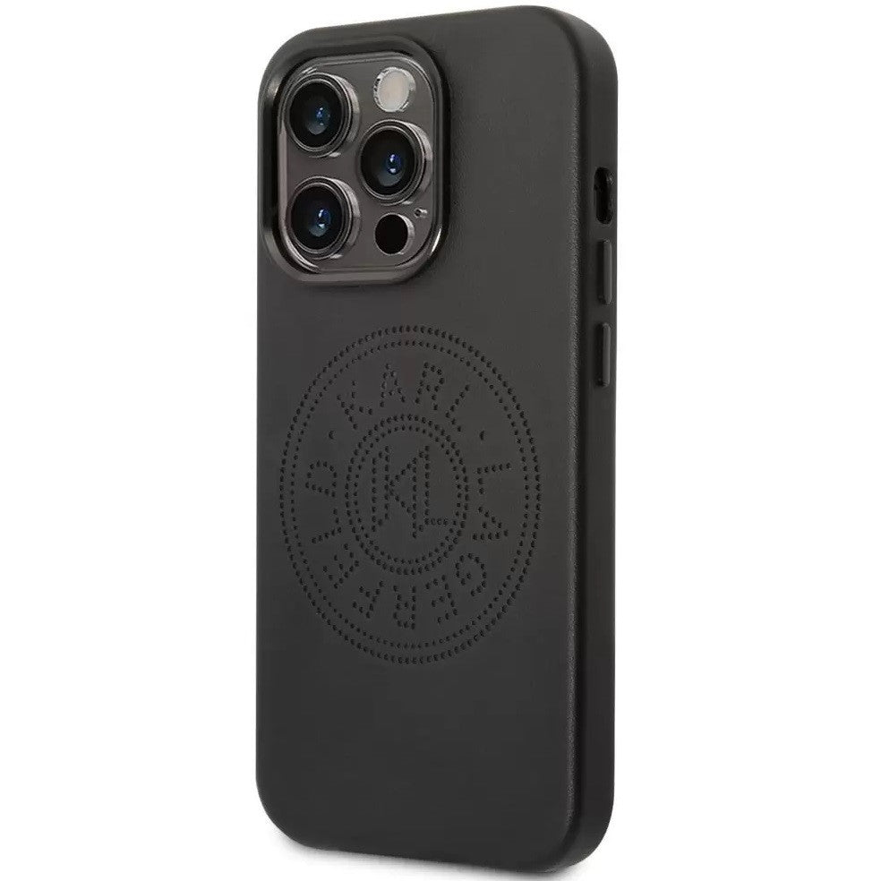 Apple iPhone 14 Pro, Műanyag hátlap védőtok + szilikon keret, bőrhatású hátlap, Karl Lagerfeld logo minta, Karl Lagerfeld Leather Perforated Logo, fekete -  iPhone 14 Pro tok a Domshop kínálatából