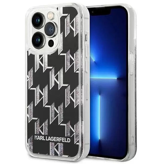 Apple iPhone 14 Pro Max, Műanyag hátlap védőtok, Monogram minta, Karl Lagerfeld Monogram Liquid Glitter, fekete -  iPhone 14 Pro Max tok a Domshop kínálatából