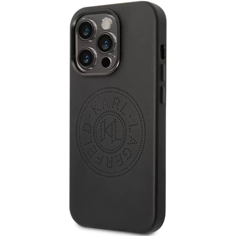 Apple iPhone 14 Pro Max, Műanyag hátlap védőtok + szilikon keret, bőrhatású hátlap, Karl Lagerfeld logo minta, Karl Lagerfeld Leather Perforated Logo, fekete -  iPhone 14 Pro Max tok a Domshop kínálatából