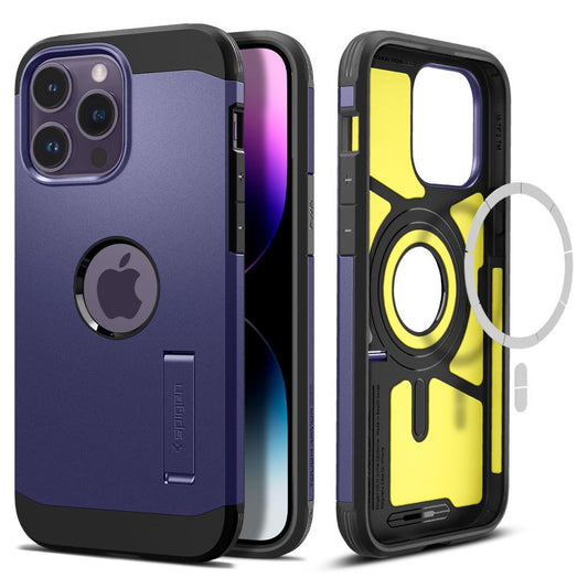 Apple iPhone 14 Pro Max, Szilikon tok + műanyag hátlap, Magsafe töltővel kompatibilis, kitámasztóval, Spigen Tough Armor Mag, lila -  iPhone 14 Pro Max tok a Domshop kínálatából