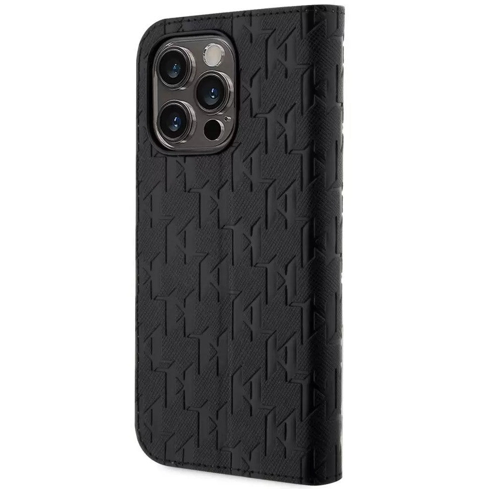 Apple iPhone 14 Pro, Oldalra nyíló tok, stand, kártyatartóval, 3D monogram minta, Karl Lagerfeld Saffiano Monogram Book, fekete -  iPhone 14 Pro tok a Domshop kínálatából