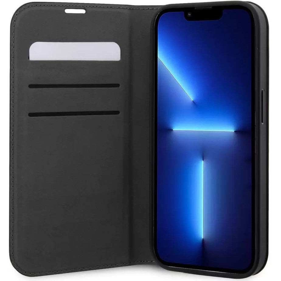 Apple iPhone 14 Pro, Oldalra nyíló tok, stand, kártyatartóval, 3D monogram minta, Karl Lagerfeld Saffiano Monogram Book, fekete -  iPhone 14 Pro tok a Domshop kínálatából