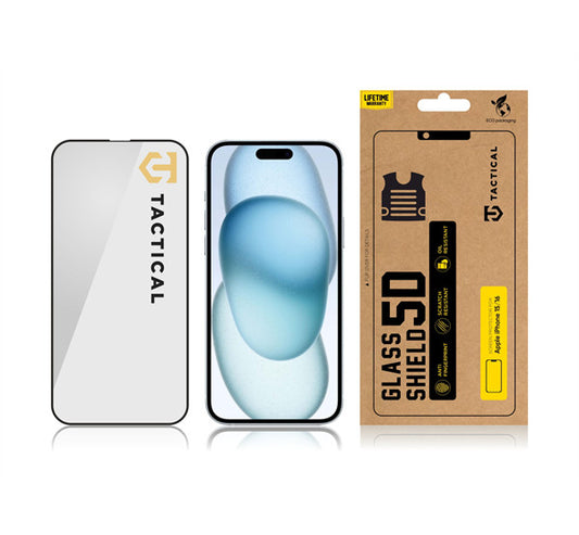 Apple iPhone 15 / 16, Kijelzővédő fólia, ütésálló fólia (az íves részre is!), Tempered Glass (edzett üveg), Full Glue, Tactical Glass Shield 5D, fekete -  iPhone 15/16 fólia a Domshop kínálatából