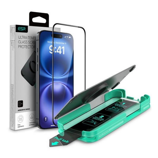 Apple iPhone 15 / 16, Kijelzővédő fólia, ütésálló fólia (az íves részre is!), Tempered Glass (edzett üveg), segéd kerettel, ESR Armorite, fekete -  iPhone 15/16 fólia a Domshop kínálatából