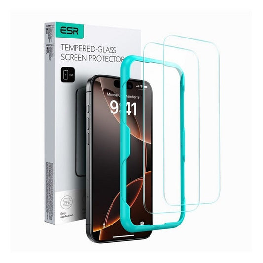 Apple iPhone 15 Plus / 16 Plus, Kijelzővédő fólia, ütésálló fólia (az íves részre NEM hajlik rá!), Tempered Glass (edzett üveg), segéd kerettel, ESR, Clear, 2 db / csomag -  iPhone 15 Plus/16Plus fólia a Domshop kínálatából