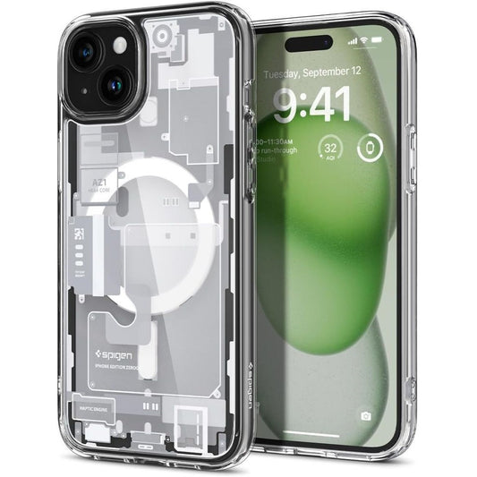 Apple iPhone 15 Plus, Műanyag hátlap védőtok + szilikon keret, Magsafe töltővel kompatibilis, iPhone belső minta, Spigen Ultra Hybrid Zero One Mag, átlátszó/fehér -  iPhone 15 Plus tok a Domshop kínálatából