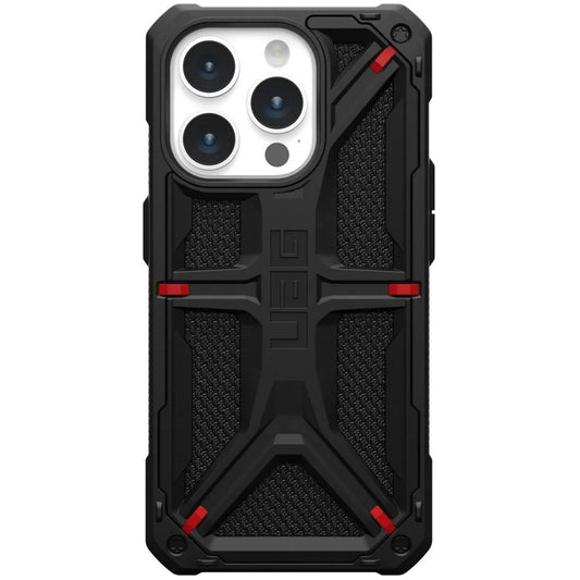 Apple iPhone 15 Pro, Műanyag hátlap védőtok, szilikon belső, közepesen ütésálló, textil minta, kevlár borítás, UAG Monarch Kevlar, mintás/fekete -  iPhone 15 Pro tok a Domshop kínálatából