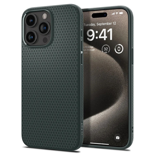 Apple iPhone 15 Pro Max, Szilikon tok, Spigen Liquid Air, háromszög minta, sötétzöld -  iPhone 15 Pro Max tok a Domshop kínálatából