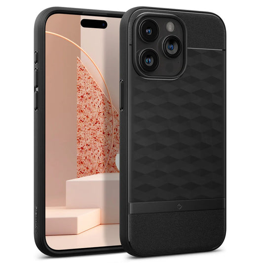 Apple iPhone 15 Pro Max, Szilikon tok + műanyag keret, közepesen ütésálló, Magsafe töltővel kompatibilis, 3D hatszög minta, Spigen Caseology Parallax Mag, fekete -  iPhone 15 Pro Max tok a Domshop kínálatából