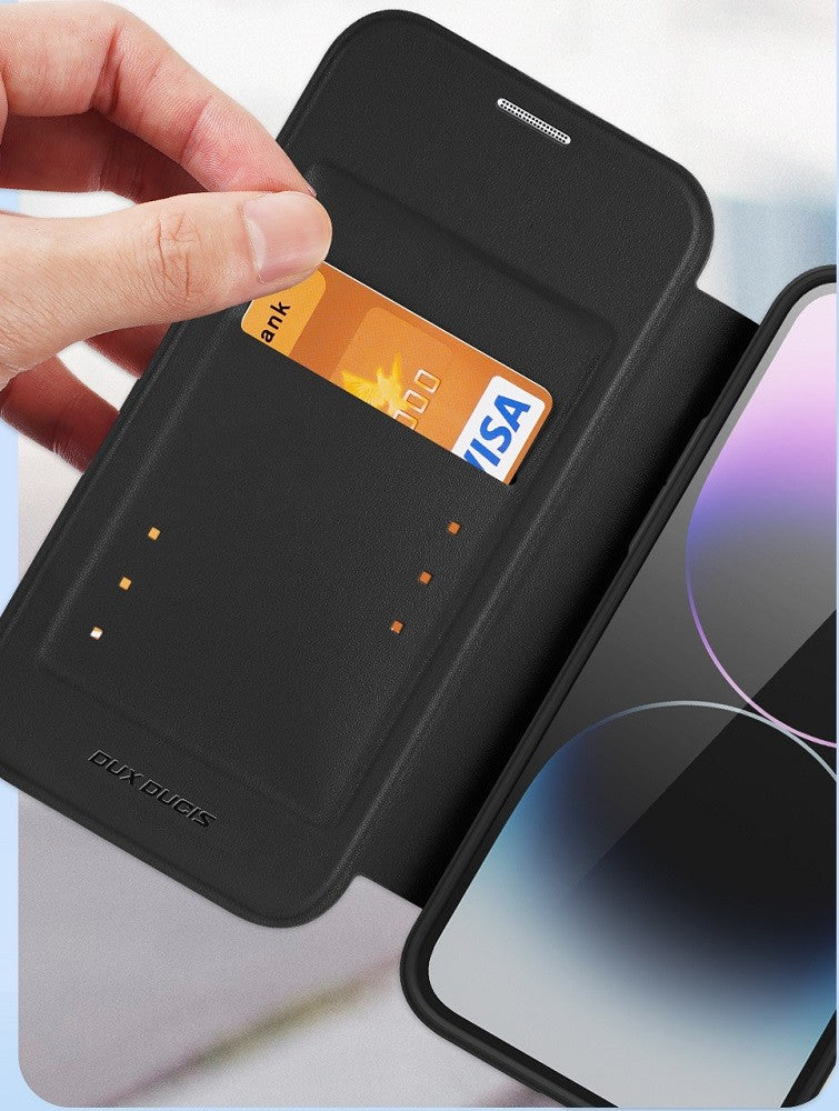 Apple iPhone 15 Pro, Oldalra nyíló tok, stand, közepesen ütésálló, Magsafe kompatibilis, Dux Ducis Skin Pro Magsafe, lila -  iPhone 15 Pro tok a Domshop kínálatából