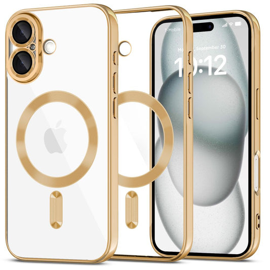 Apple iPhone 16, Műanyag hátlap védőtok + szilikon keret, közepesen ütésálló, Magsafe töltővel kompatibilis, fényes keret, Magflex Magsafe, átlátszó/arany -  iPhone 16 tok a Domshop kínálatából