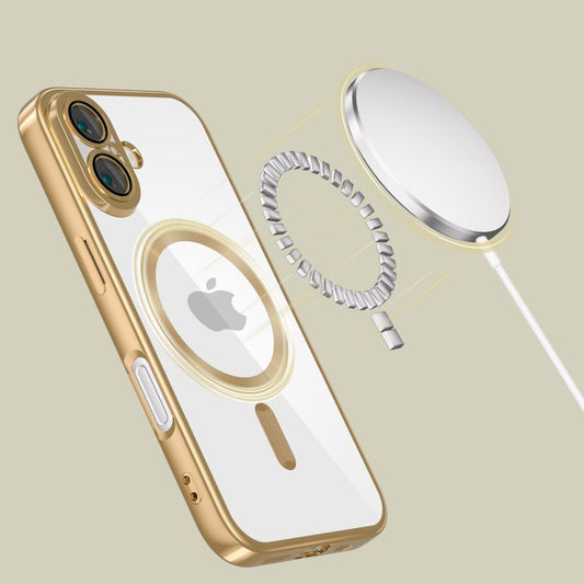 Apple iPhone 16, Műanyag hátlap védőtok + szilikon keret, közepesen ütésálló, Magsafe töltővel kompatibilis, fényes keret, Magflex Magsafe, átlátszó/arany -  iPhone 16 tok a Domshop kínálatából