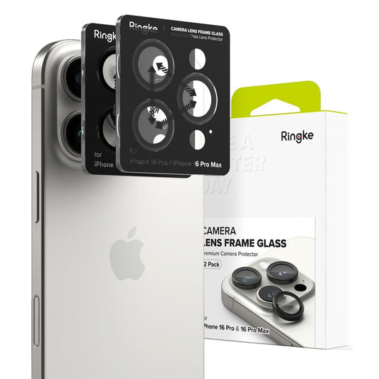 Apple iPhone 16 Pro / 16 Pro Max, Kamera lencsevédő fólia, ütésálló fólia, Tempered Glass (edzett üveg), alumínium keret, Ringke Camera Frame Protector, fekete -   a Domshop kínálatából