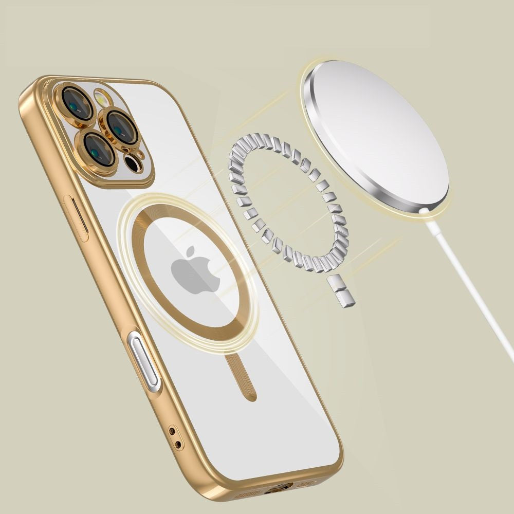 Apple iPhone 16 Pro, Műanyag hátlap védőtok + szilikon keret, közepesen ütésálló, Magsafe töltővel kompatibilis, fényes keret, Magflex Magsafe, átlátszó/arany -  iPhone 16 Pro tok a Domshop kínálatából