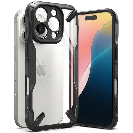 Apple iPhone 16 Pro Max, Műanyag hátlap + szilikon keret, közepesen ütésálló, Ringke Fusion X, átlátszó/fekete -  iPhone 16 Pro Max tok a Domshop kínálatából