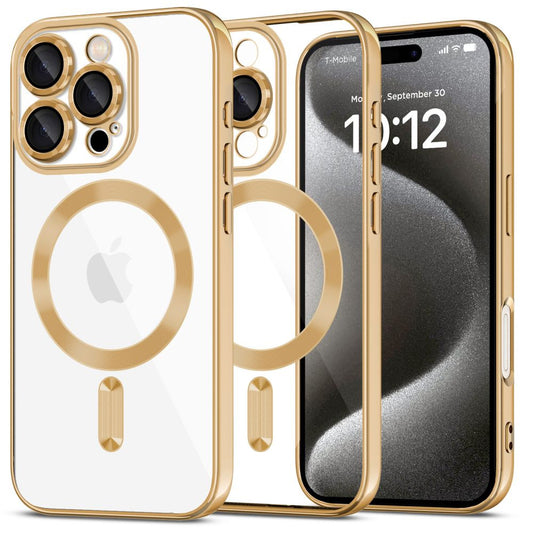 Apple iPhone 16 Pro Max, Műanyag hátlap védőtok + szilikon keret, közepesen ütésálló, Magsafe töltővel kompatibilis, fényes keret, Magflex Magsafe, átlátszó/arany -  iPhone 16 Pro Max tok a Domshop kínálatából
