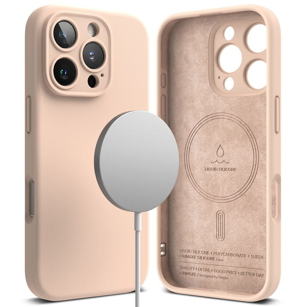 Apple iPhone 16 Pro Max, Szilikon tok, mikrofiber belső, közepesen ütésálló, Magsafe kompatibilis, Ringke Silicone Magnetic, rózsaszín -  iPhone 16 Pro Max tok a Domshop kínálatából