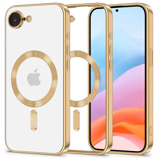 Apple iPhone 16e, Műanyag hátlap védőtok + szilikon keret, közepesen ütésálló, Magsafe töltővel kompatibilis, fényes keret, Magflex Magsafe, átlátszó/arany -  iPhone 16e tok a Domshop kínálatából