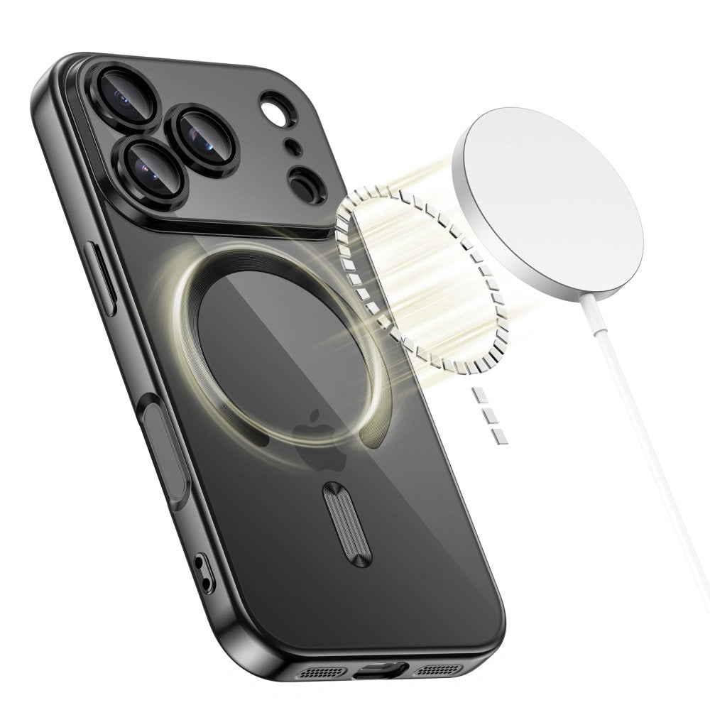 Apple iPhone 17, Műanyag hátlap védőtok + szilikon keret, közepesen ütésálló, Magsafe töltővel kompatibilis, fényes keret, Magflex Magsafe, átlátszó/fekete -  iPhone 17 tok a Domshop kínálatából
