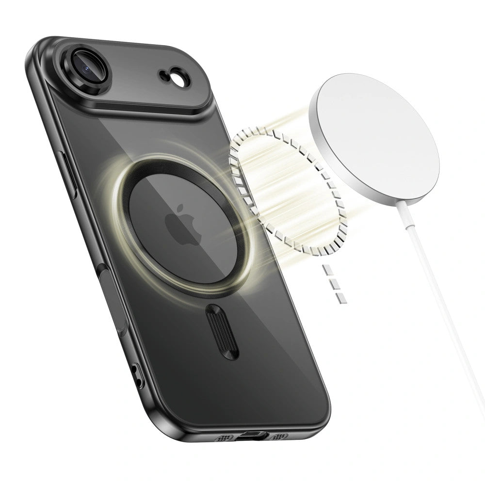 Apple iPhone Air (2025), Műanyag hátlap védőtok + szilikon keret, közepesen ütésálló, Magsafe töltővel kompatibilis, fényes keret, Magflex Magsafe, átlátszó/fekete -  iPhone 17 Air tok a Domshop kínálatából