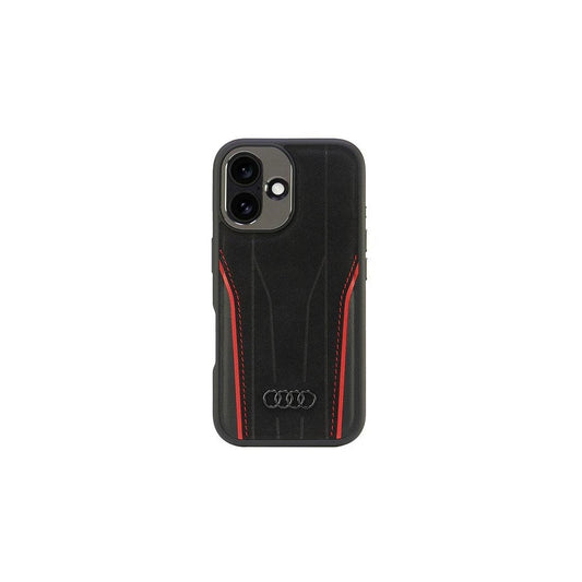 Audi Genuine Leather MagSafe iPhone 16 6.1" készülékhez kemény tok fekete-piros AU-TPUPCMIP16-R8/D3-RD -  iPhone 16 tok a Domshop kínálatából
